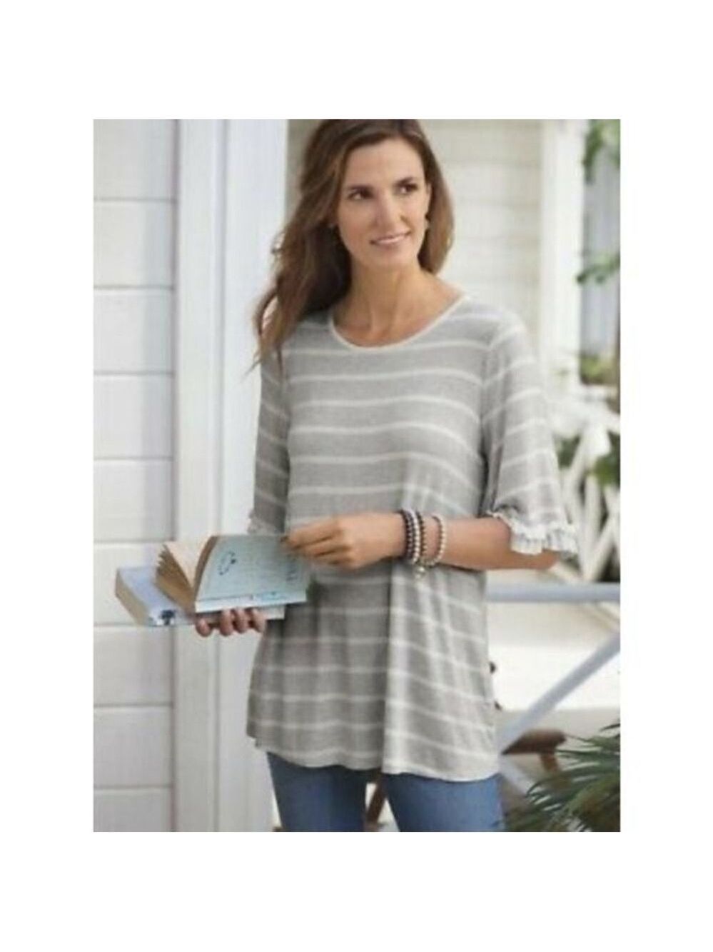 Soft Surroundings Gray Striped Ruffle Sleeve Top NWOT Size PM